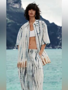 COS Womens pants/shirt SET with Blue Stripes and Brown Dip Tie Dye